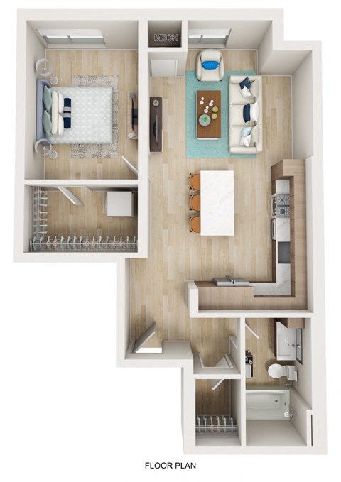 Floor plan for 1 bed, 1 bath, 710 sqft